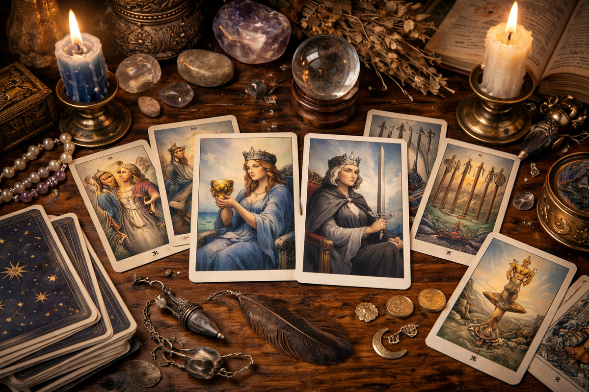 Связка Королевы Кубков и Королевы Мечей — про баланс сердца и разума и зрелое решение ситуации.