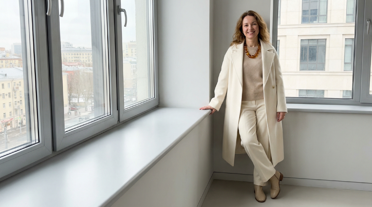 Сливочный монохром и янтарные бусы - тихий цвет, громкий акцент