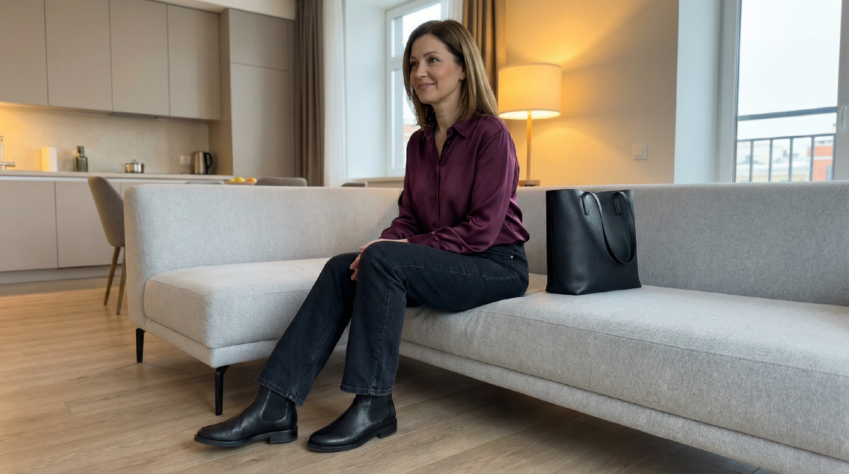 Сливовый атлас и чёрные джинсы - нарядный верх в обычный вторник