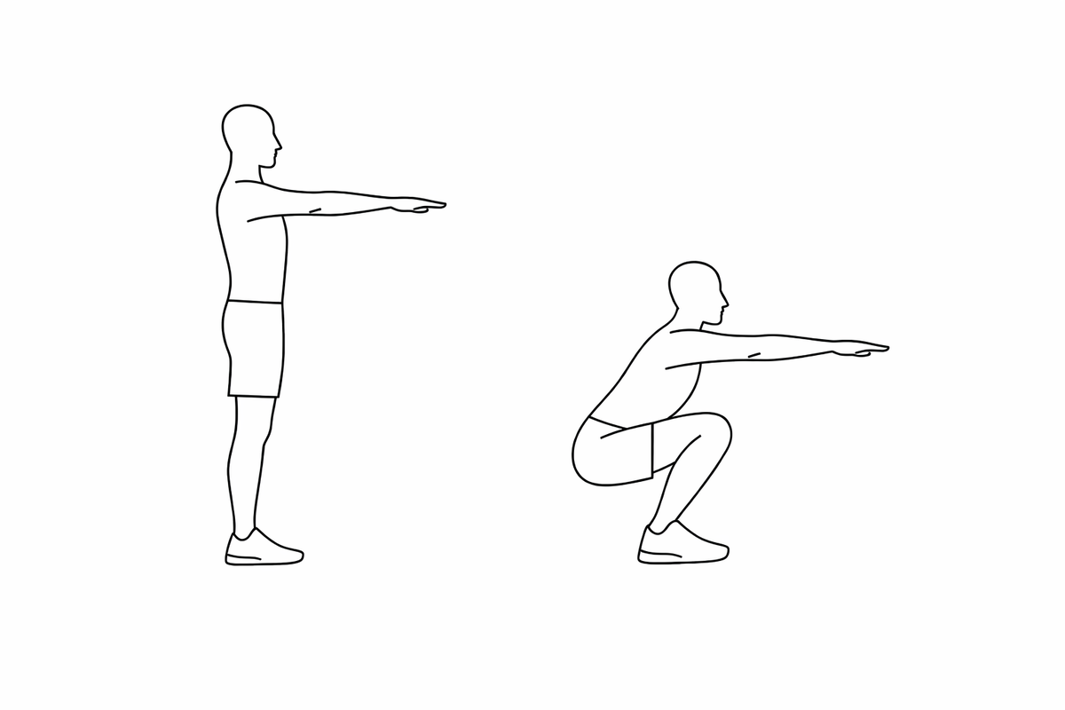 1. Приседания с паузой - 15 раз (для усложнения - фитнес резинка вокруг колен)