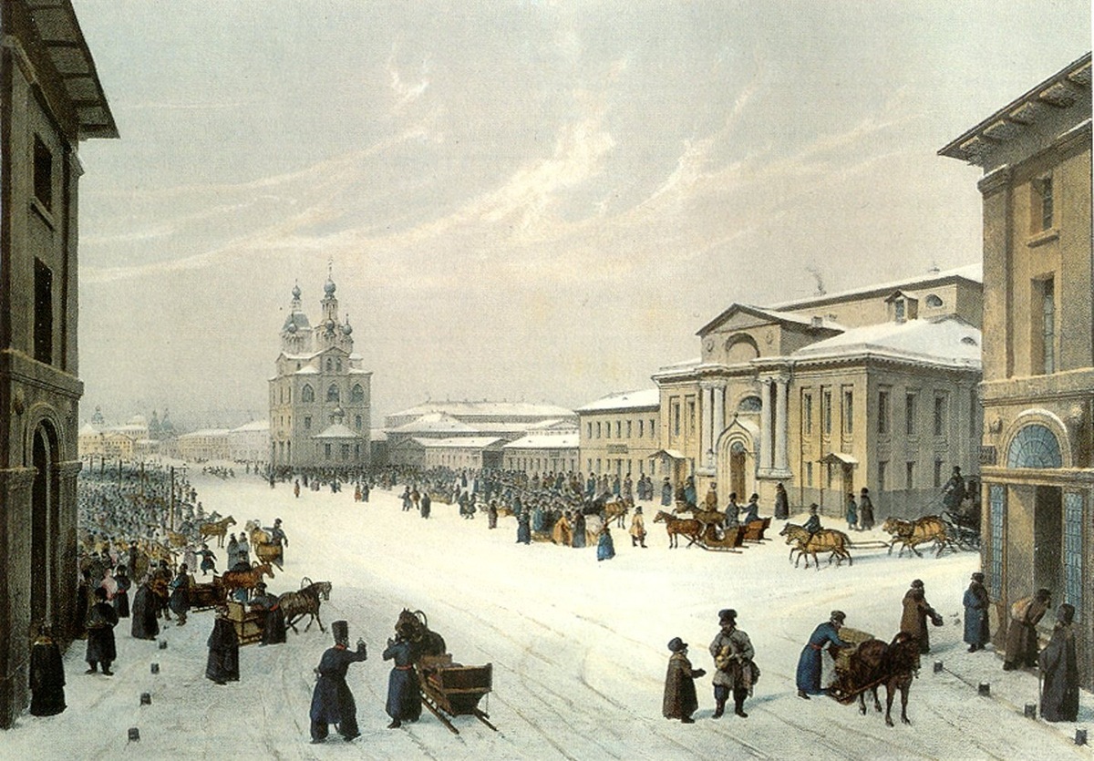 Благородное собрание и Охотная площадь. С литографии А. Гедона.