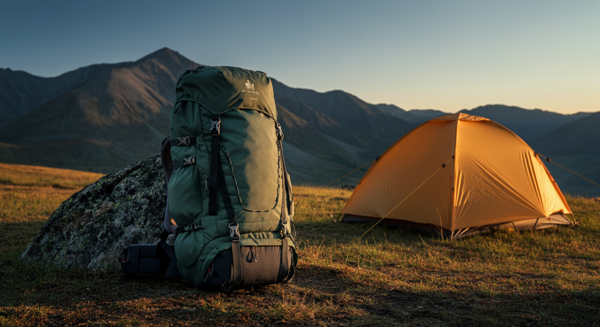 Рюкзак и палатка на фоне гор Алтая