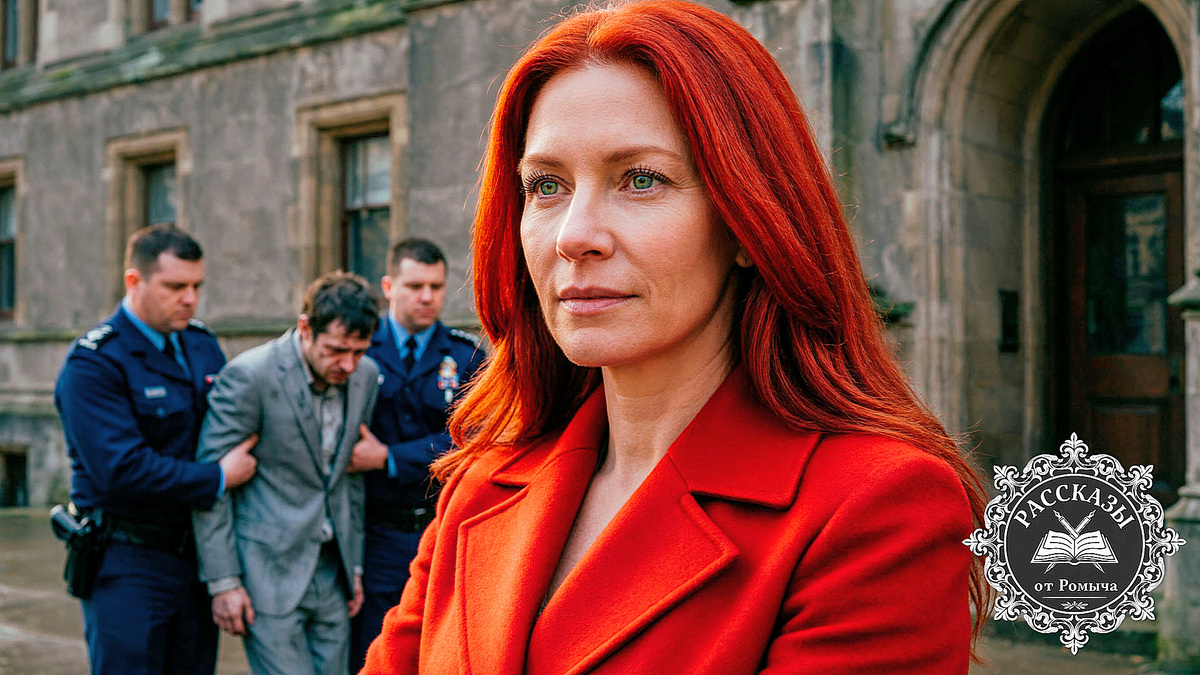 Женщина в ярко-красном пальто с рыжими волосами стоит на фоне здания суда, в то время как полиция уводит ее бывшего мужа