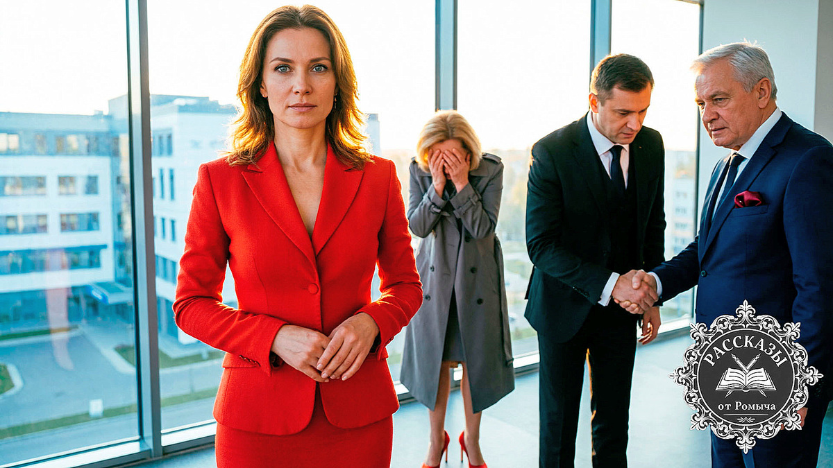 Женщина в красном костюме наблюдает за крахом владелицы клиники