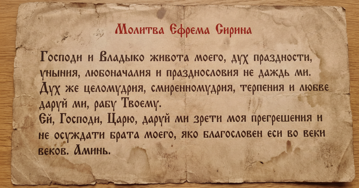    "Текст молитвы Ефрема Сирина. Фото сгенерировано нейросетью Nano Banana"