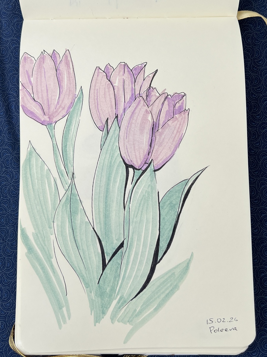 Фиолетовые тюльпаны, текстовыделители + линер