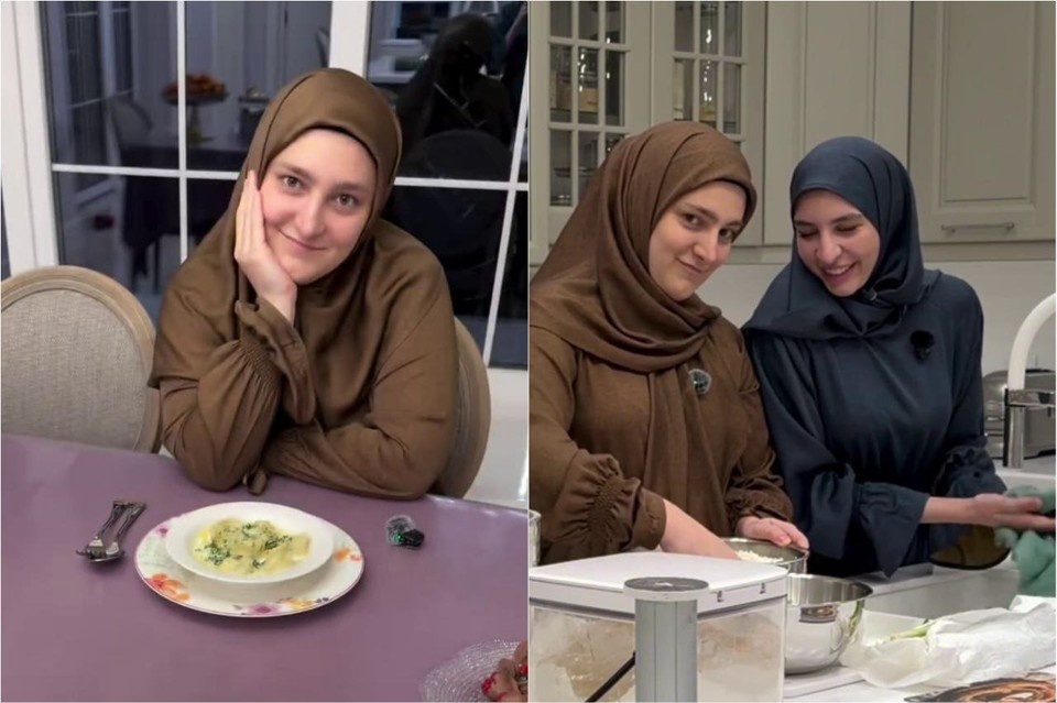    Айшат с Хедой приготовили национальное чеченское блюдо. Фото: стоп-кадр видео Хеды Шидаевой