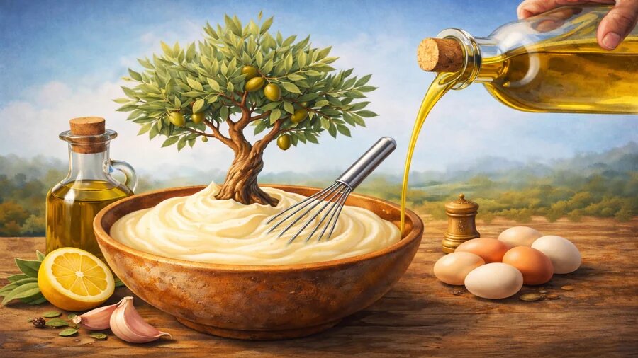 Сюрреалистическая иллюстрация: оливковое дерево растёт из миски майонеза, рядом льётся оливковое масло из бутылки, лежат яйца, лимон и венчик на деревянном столе