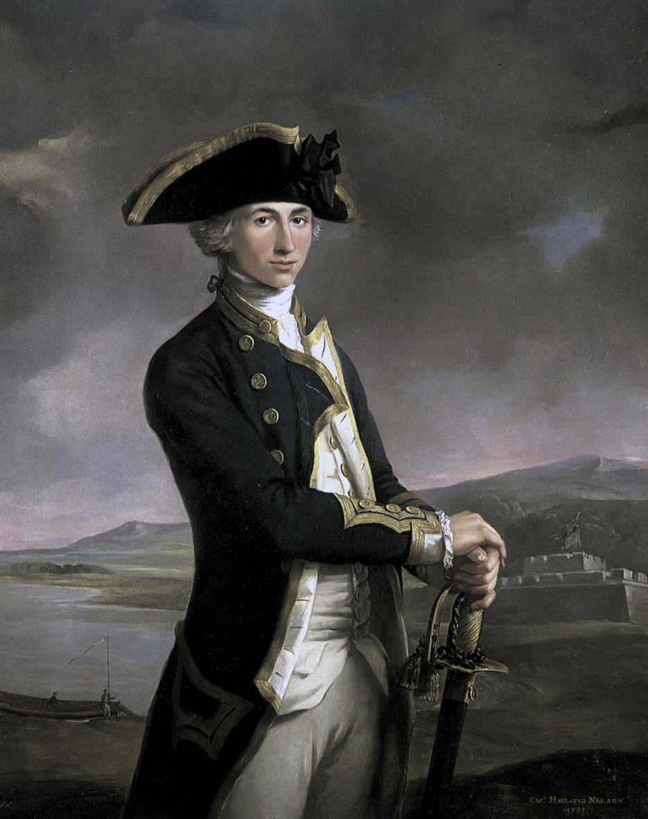 Капитан Горацио Нельсон, написанный Джоном Фрэнсисом Риго в 1781 году, с фортом Сан-Хуан – местом его самого выдающегося достижения на тот момент – на заднем плане.