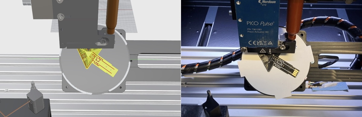 Симуляция и реальный процесс печати side-by-side. Изображение предоставлено Advanced Printed Electronic Solutions.