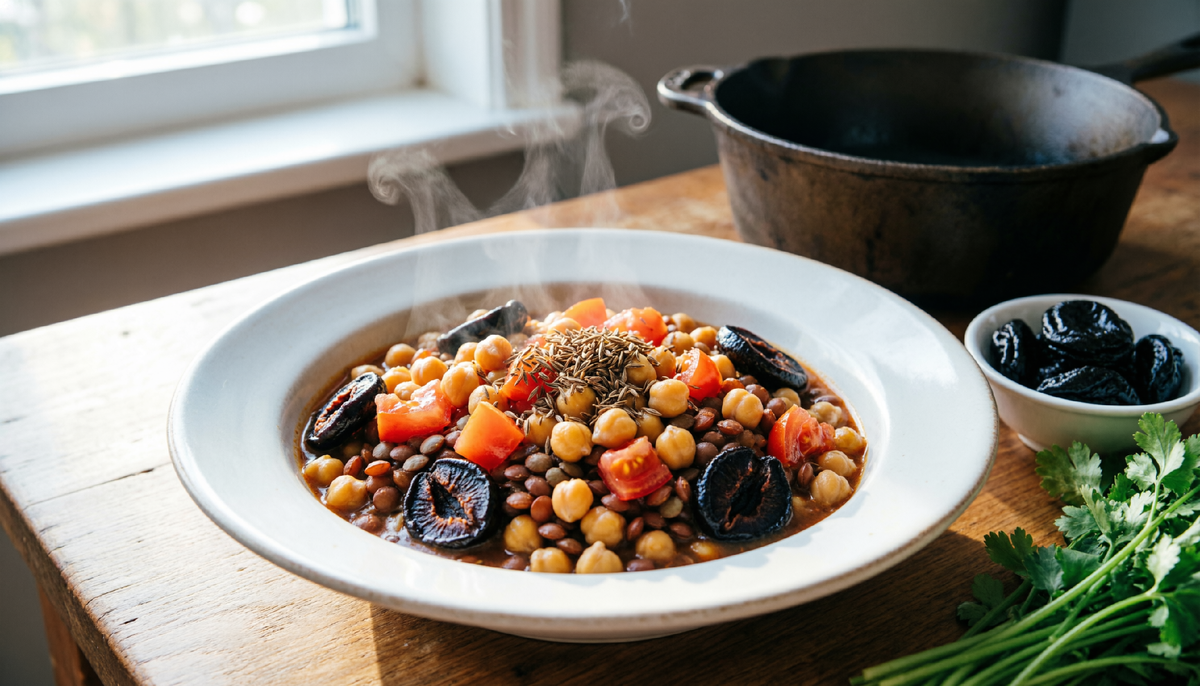 🍲 Марокканский нутовый рагу “Харира” по-казански: вместо баранины — чечевица, вместо фиников — чернослив.