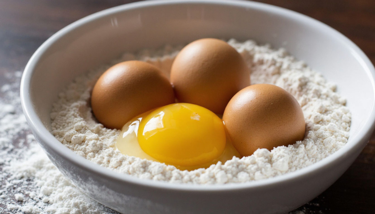 Рис1. Крупный план яйца, сахар, мука в миске