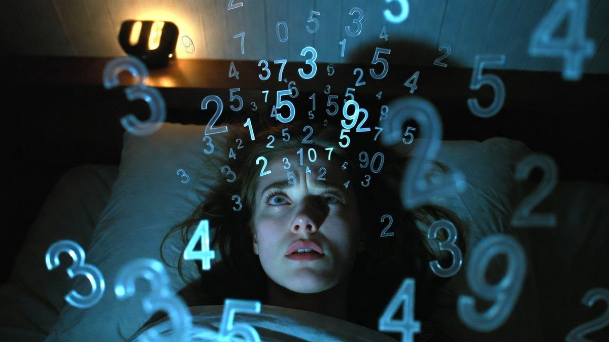 Женщина лежит в темноте и не может спать из-за финансовой тревоги — вокруг головы светятся цифры