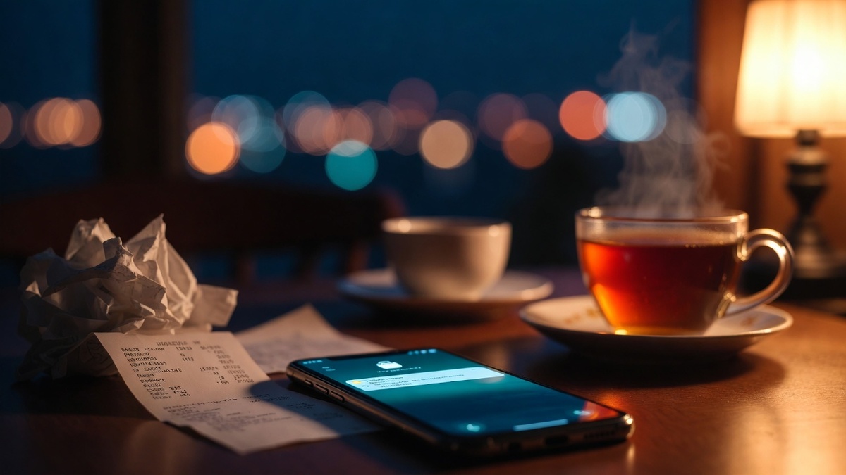 Смартфон лежит экраном вниз на столе ночью — человек избегает смотреть на баланс карты