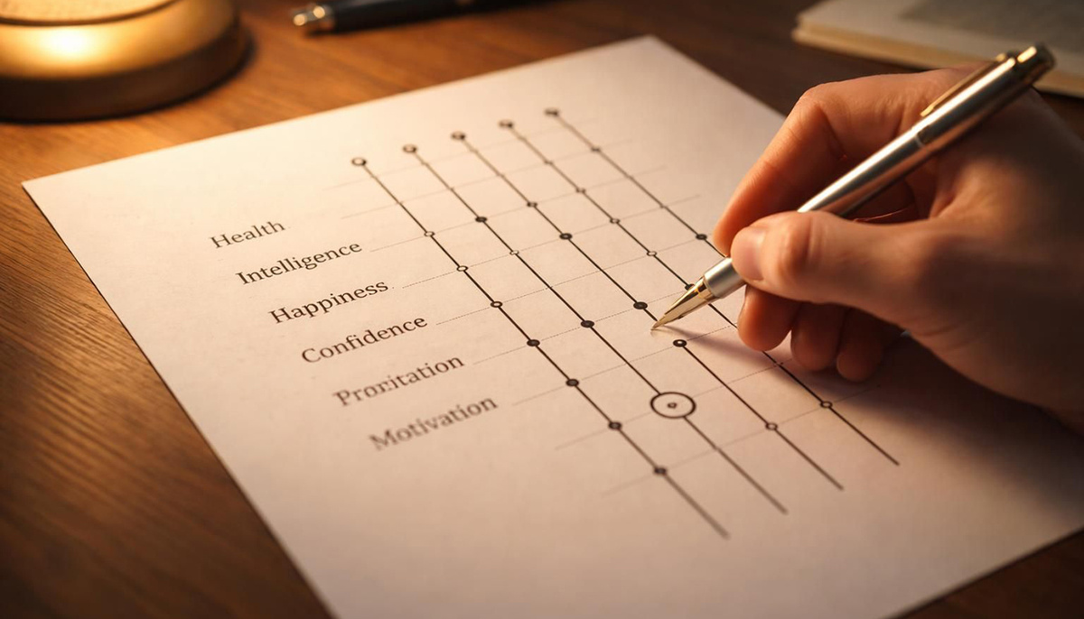 Методика Дембо-Рубинштейн: на вертикальных линиях человек отмечает своё текущее состояние и желаемый уровень. Расстояние между ними показывает самооценку и уровень притязаний. Реконструкция Duck