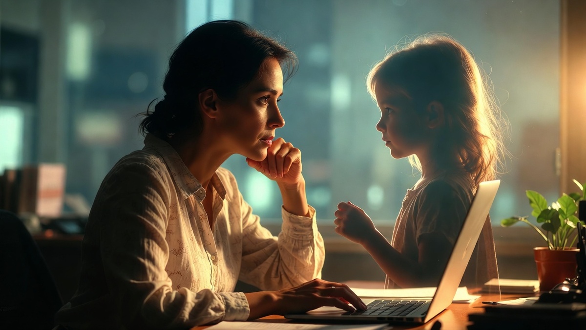 взрослая женщина за рабочим столом — на фоне размытый силуэт той же девочки