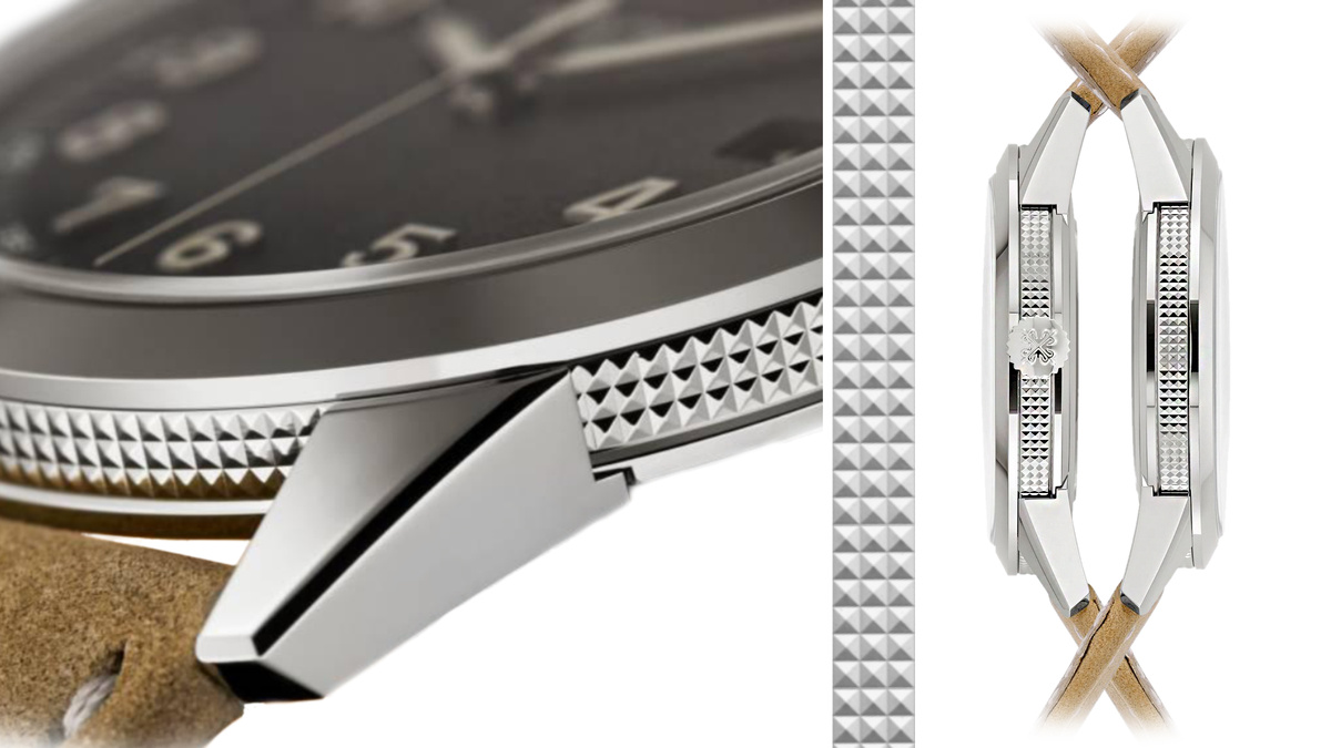 Круглый корпус, которым славятся модели Calatrava с 1932 года, был переосмыслен Patek Philippe: боковые стороны украшены узором «Clous de Paris», типичным для мануфактуры. 