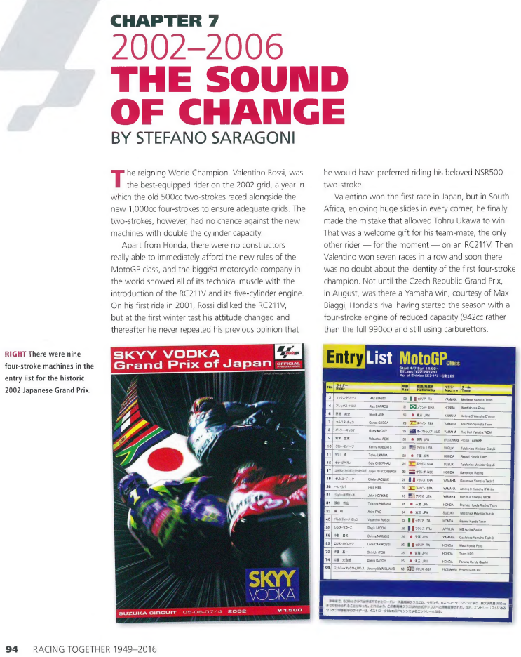 В списке участников исторического Гран-при Японии 2002 года было девять
четырехтактных мотоциклов.