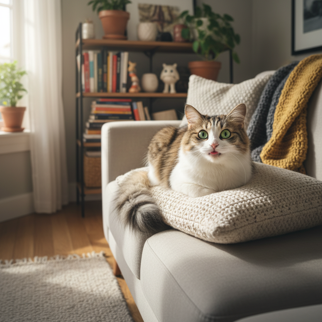 Очаровательный кот-дворняжка на уютной подушке в доме