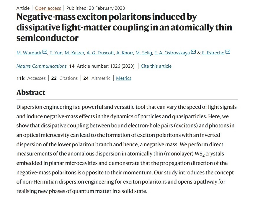 Учёные фиксируют появление экзотических частиц с отрицательной массой (источник: Nature Communications)