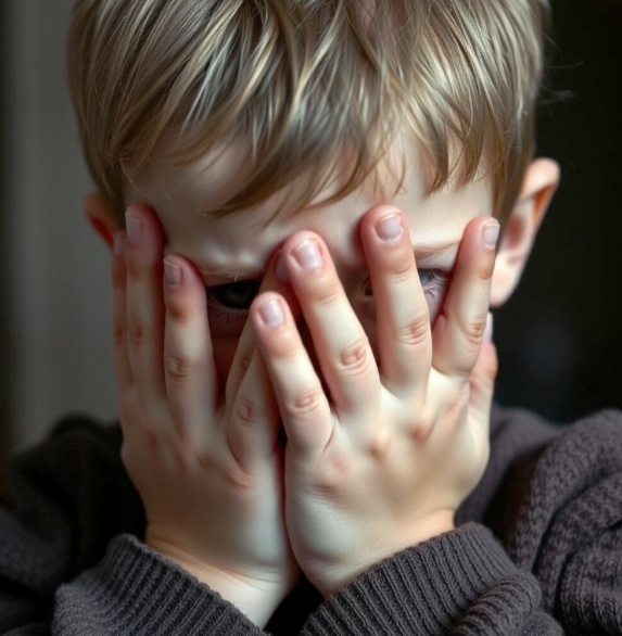 Ребёнок закрывает лицо руками, что передаёт чувство страха или тревоги. 
