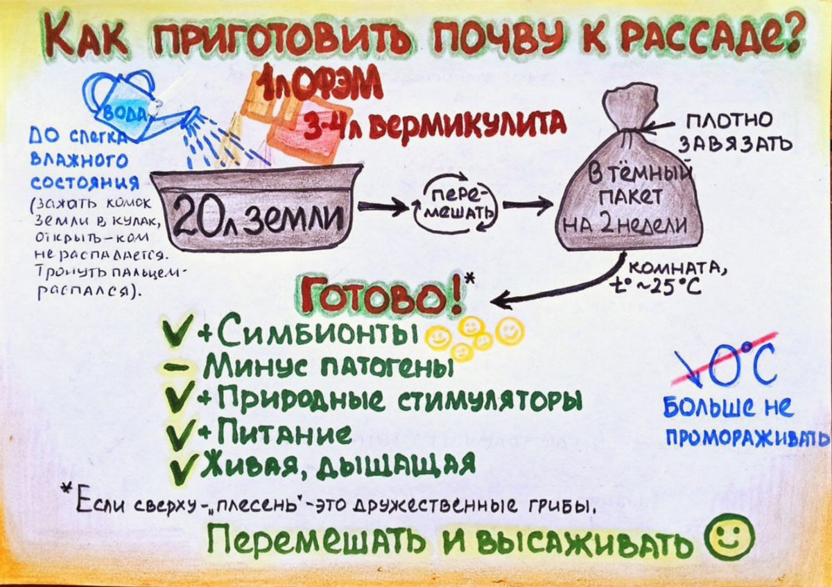 Рукописная схема приготовления почвы к высадке рассады