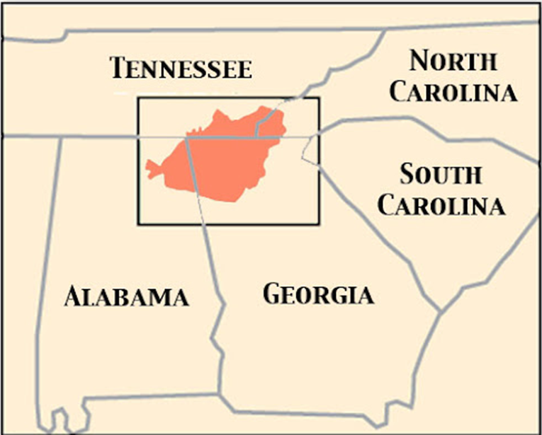 Красным обозначена территория чероки в 1820-е гг.