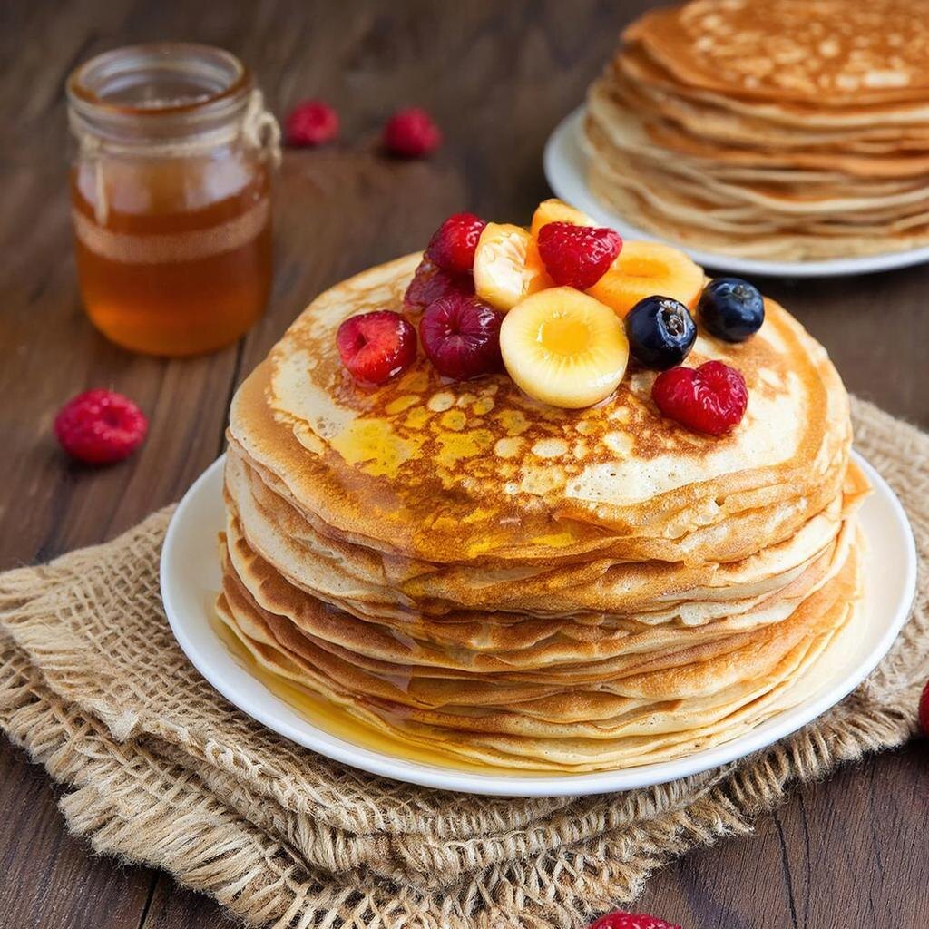 Блины из овсяных хлопьев с вежими фруктами или с мёдом 