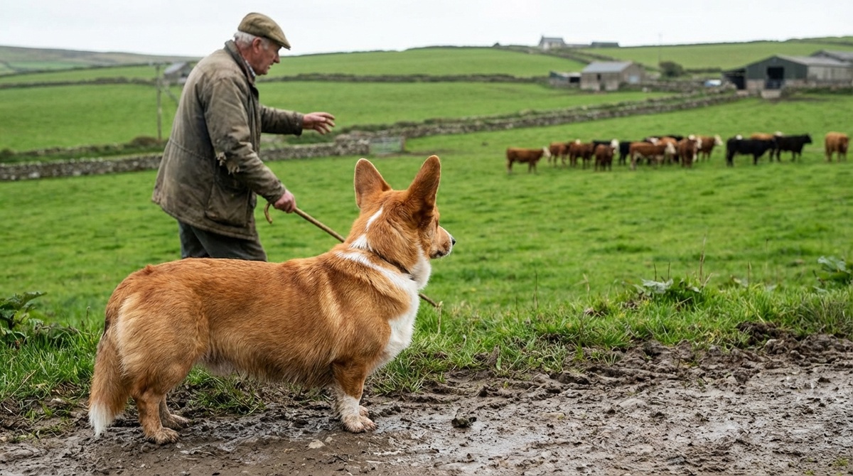 Вельш-корги пемброк пасёт овец на валлийской ферме