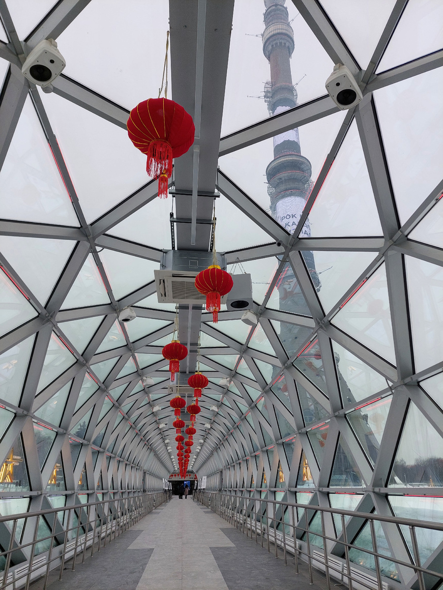 Стеклянный коридор, ведущий на смотровую, украшен красными фонариками в честь Китайского Нового года, который празднуется в 2026 году с 17 февраля. Фото автора. →