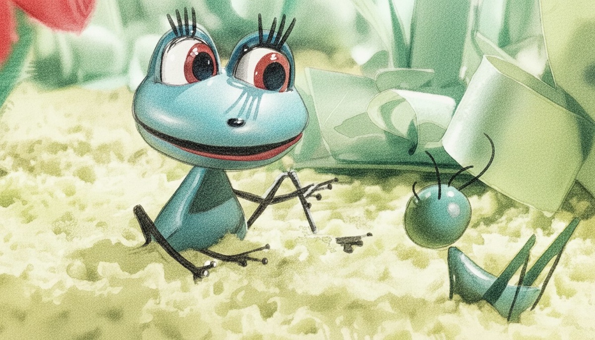    В годы войны Роман Качанов служил в воздушно-десантных войсках. Именно на войне во время затишья между боями он впервые увидел фильм-инструкцию с элементами мультипликации, поразивший его до глубины души. На фото: кадр из мультфильма «Лягушонок ищет папу» / Сгенерировано с помощью ИИ