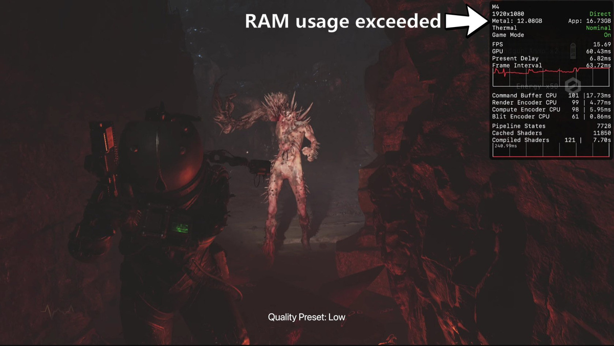    На Mac с 16 ГБ памяти запустили современную игру. Вышло так себе [ВИДЕО]