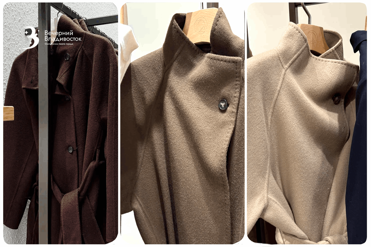 Фото слева направо: пальто воротник-стойка в LIME, пальто-стойка в 12 STOREEZ