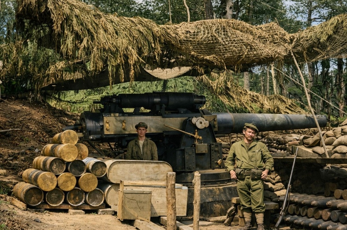 Закамуфлированная огнвая позиция орудия ВМФ Франции