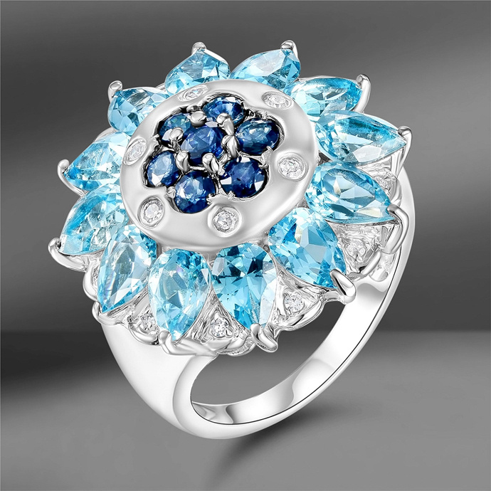 Коктейльное кольцо Emporium Gold с топазами сапфирами и бриллиантами для торжественных случаев