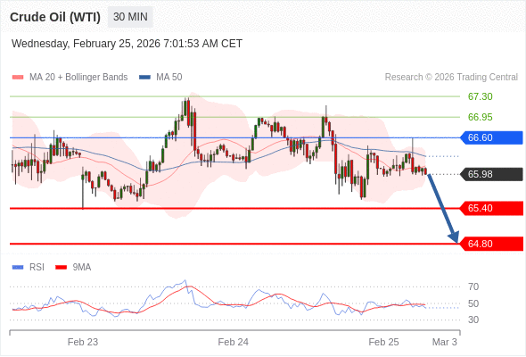 Нефть (WTI) (J6) в течение дня: держать под наблюдением 65,40.  Наша точка разворота находится на уровне 66,60. Наше предпочтение:Продавать ниже 66,60 с целевыми точками 65,40 и 64,80. Альтернативный сценарий:Прорыв вверх уровня 66,60 откроет путь к 66,95 и 67,30. Анализ:Пока 66,60 остаётся сопротивлением, ожидается возвращение курса на уровень 65,40. 