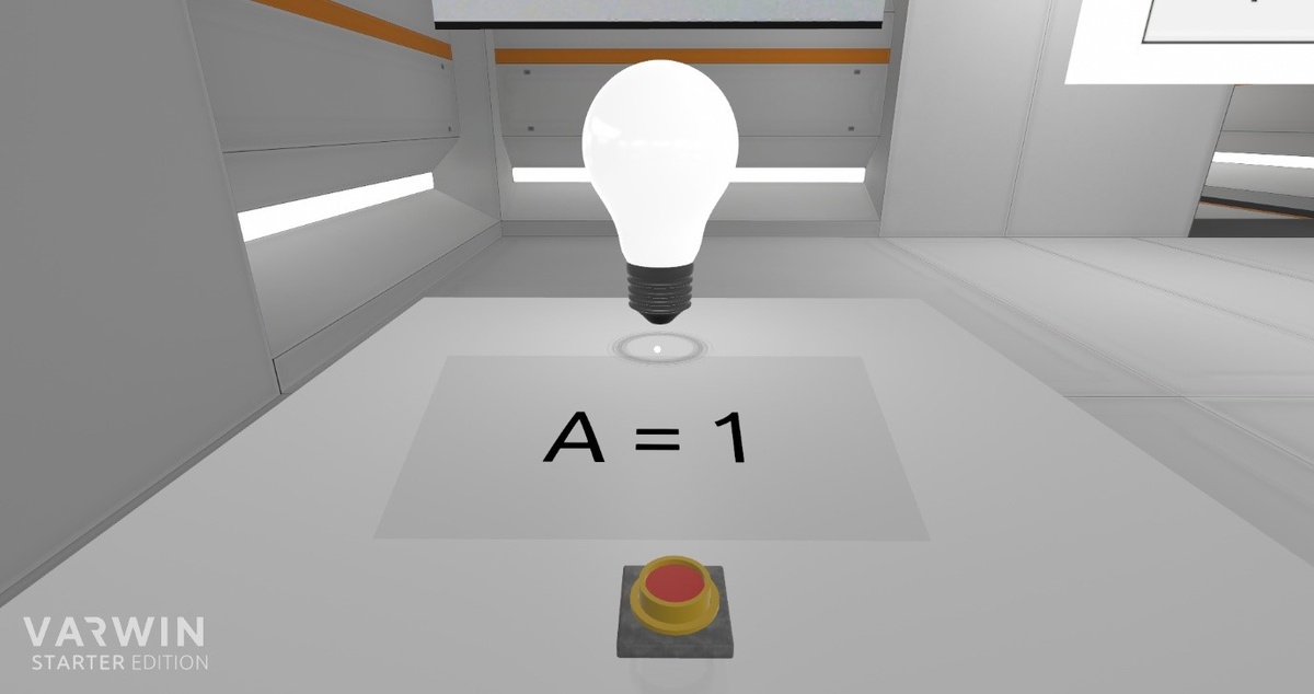 Кнопка нажата. Лампочка горит, А = 1