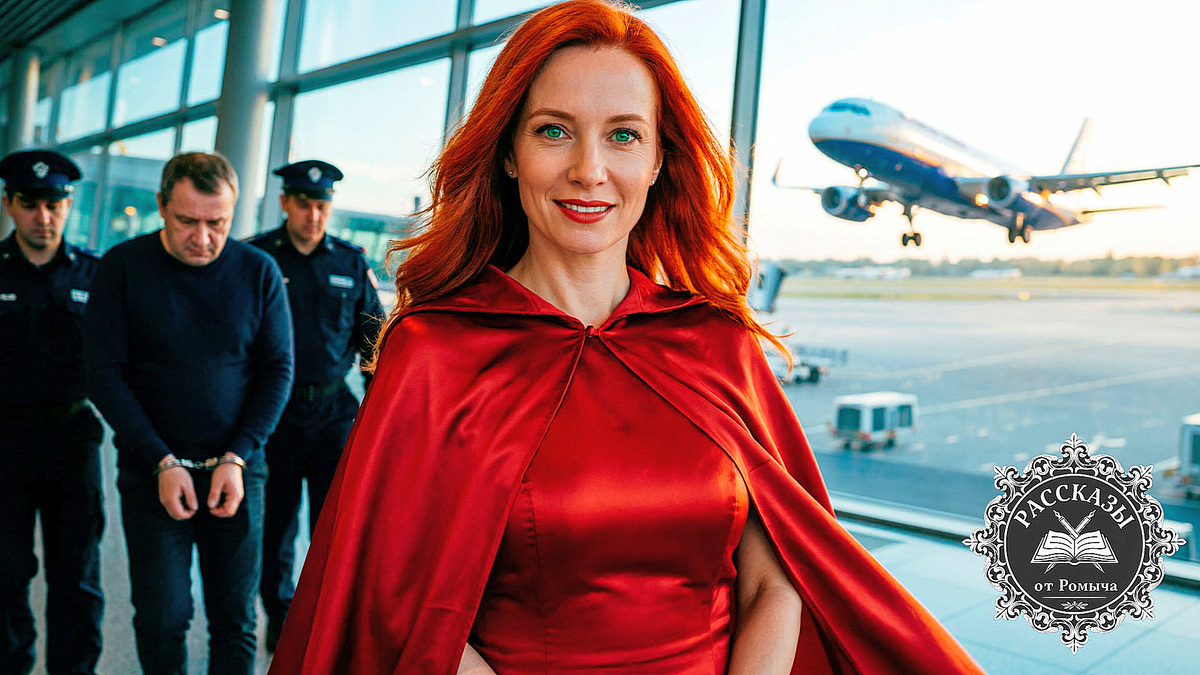 Женщина в красном плаще празднует триумф в аэропорту, пока ее мужа уводят под конвоем