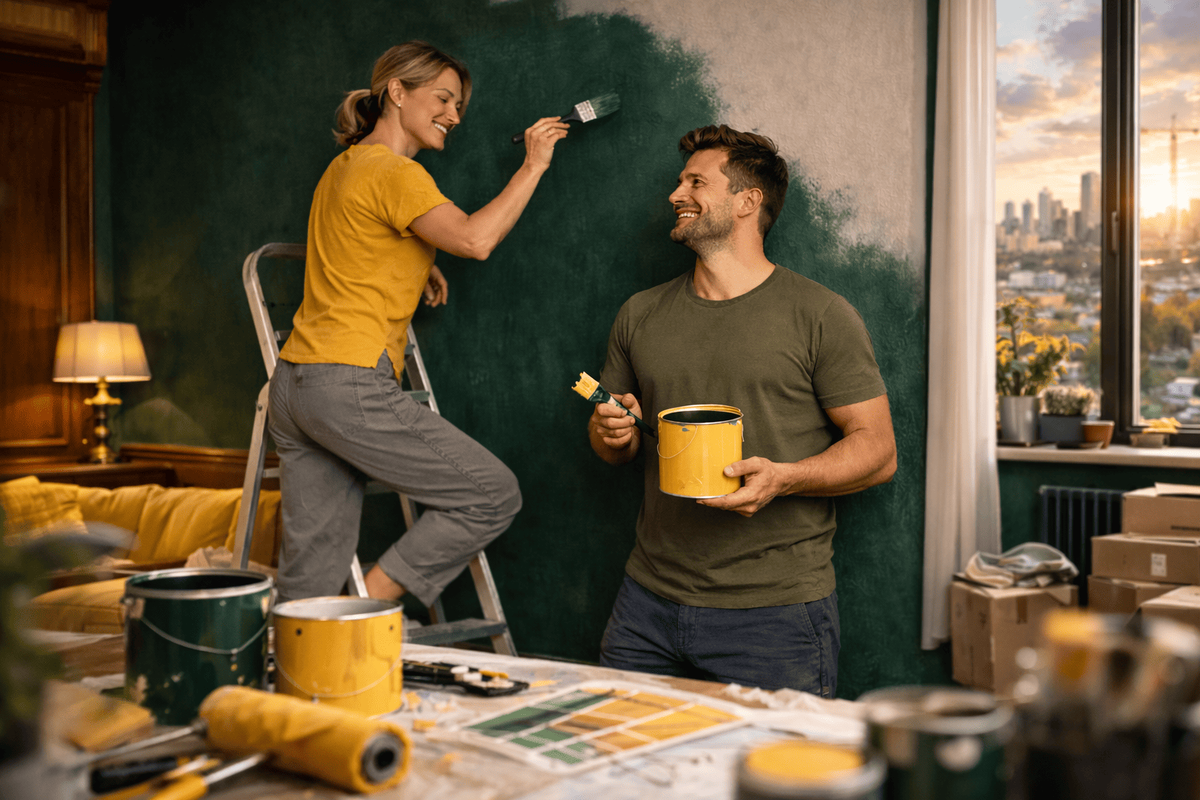 Молодая пара делает ремонт и красит стену в квартире