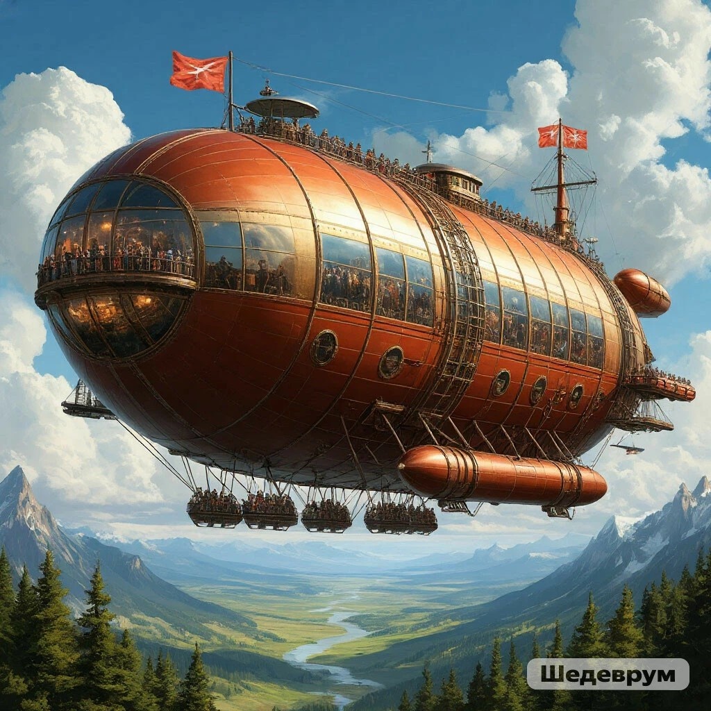 Создано ИИ. Примерно так, но внизу ещё и корзина, и под ним на верёвках. Я даже во сне не решилась бы на такой полёт. А Вы?