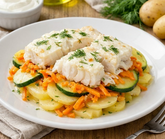 Треска запеченная с овощами