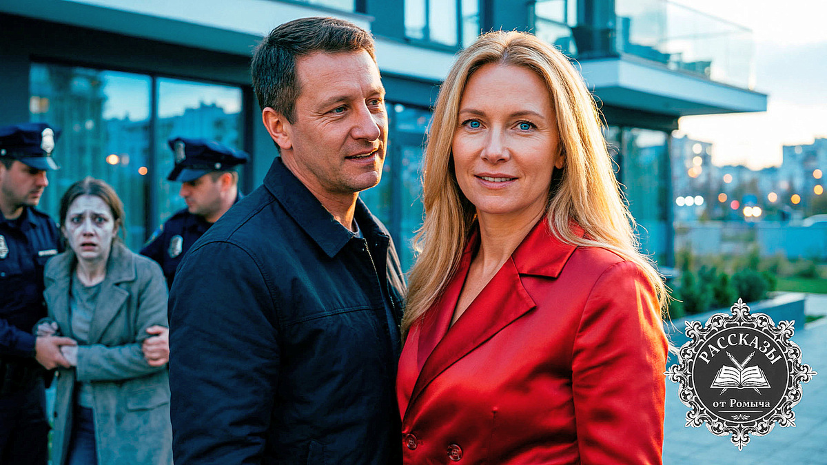 Торжествующая женщина в красном пальто на фоне элитного жилого комплекса после разоблачения мошенничества родственников