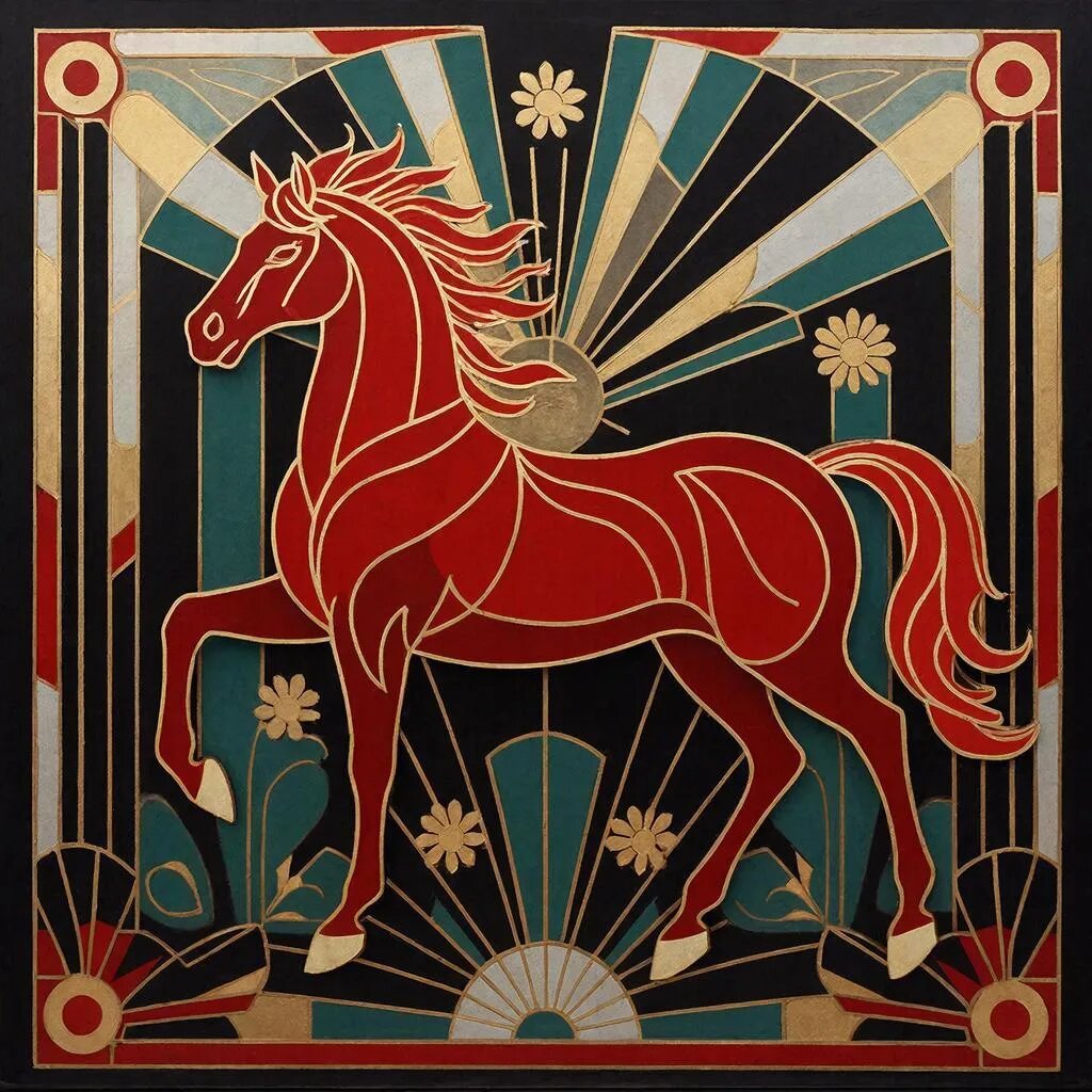 Красная Огненная Лошадь. Иллюстрация сгенерирована нейросетью