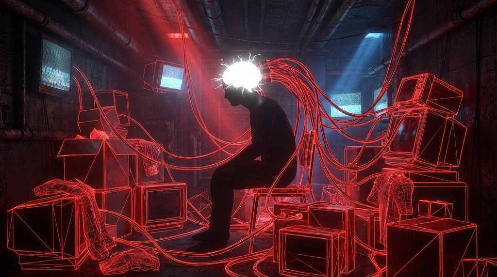 Человек с проводами в голове, перегрузка системы. Иллюстрирует тезис про мозг как биокомпьютер