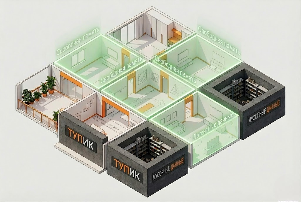Изометрическая схема комнат с зелеными и серыми зонами. Иллюстрирует структуру памяти квартиры и "тупики"