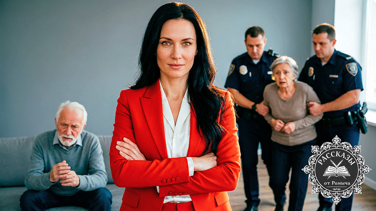 Женщина в красном костюме празднует победу над манипуляторами в квартире отца