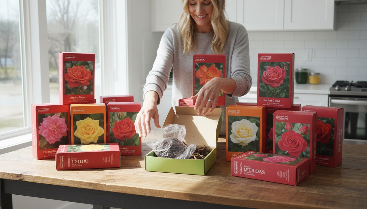 Четырнадцать саженцев роз в ярких упаковках на кухонном столе — начало моей истории с розарием, февраль, предвкушение будущего цветения