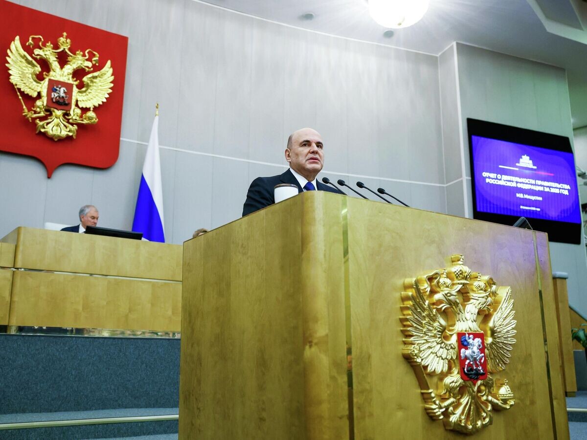    Председатель правительства РФ Михаил Мишустин выступает с ежегодным отчетом правительства РФ в Государственной Думе РФ© РИА Новости . Дмитрий Астахов