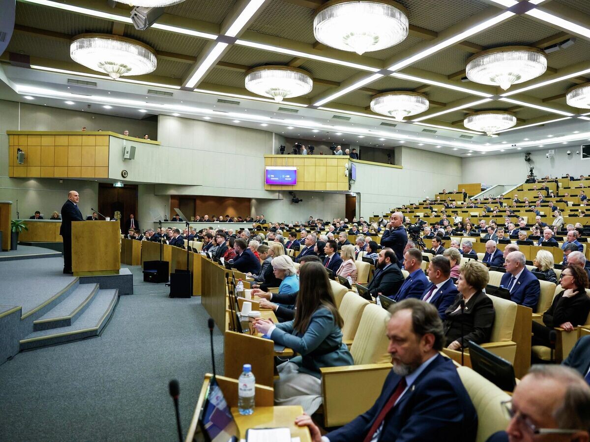    Председатель правительства РФ Михаил Мишустин выступает с ежегодным отчетом правительства РФ в Государственной Думе РФ© РИА Новости . Дмитрий Астахов