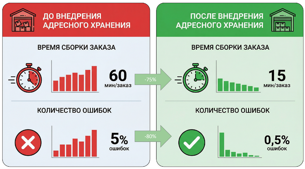Снижение времени сборки и количества ошибок при переходе на адресного хранение
